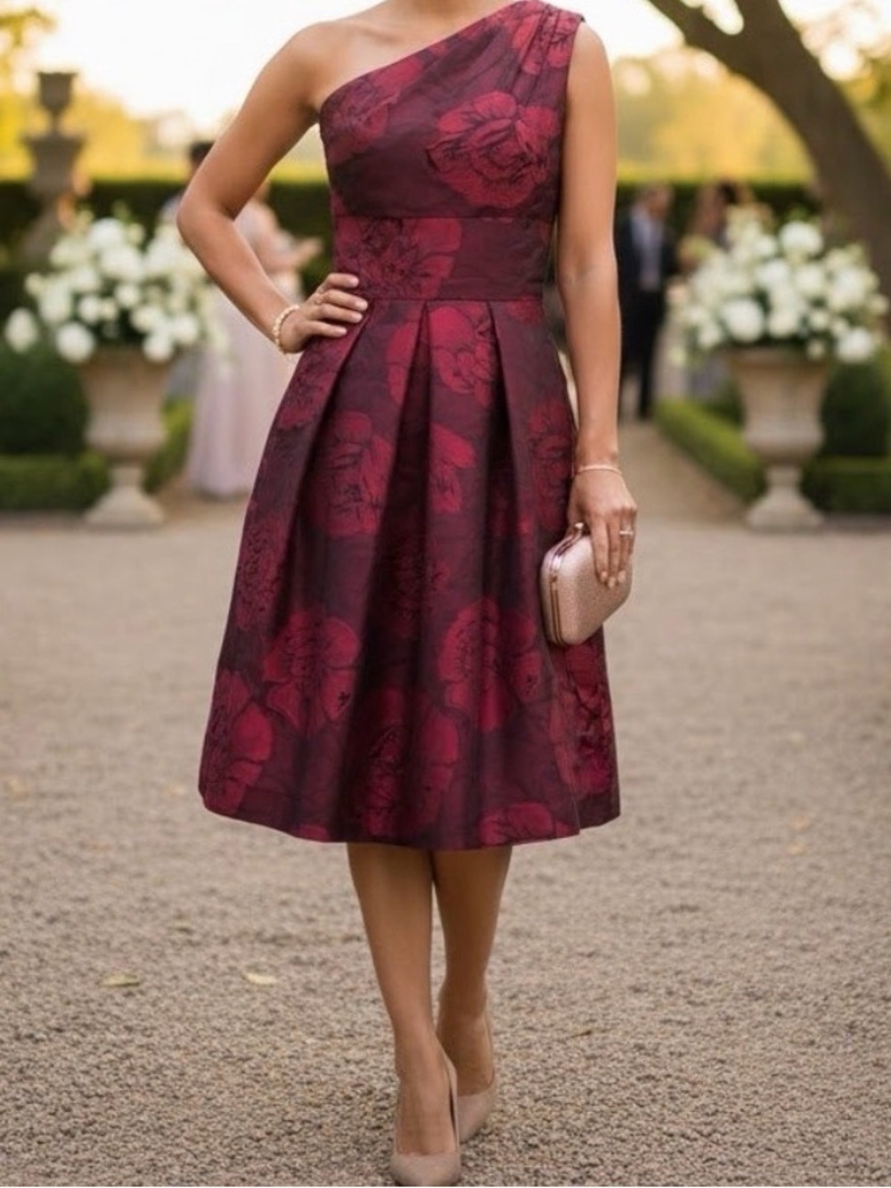 ALFRED SUNG One Shoulder Burgundy Floral Dress